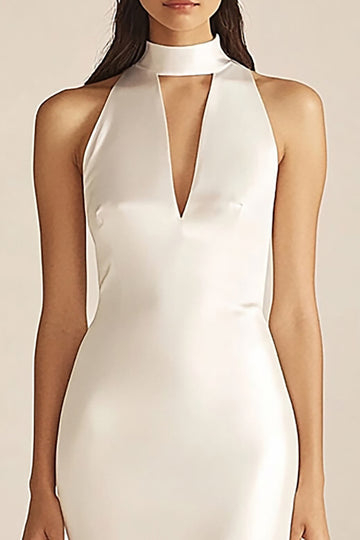 Ivory Sheath Long Keyhole Satin Engagement Dress